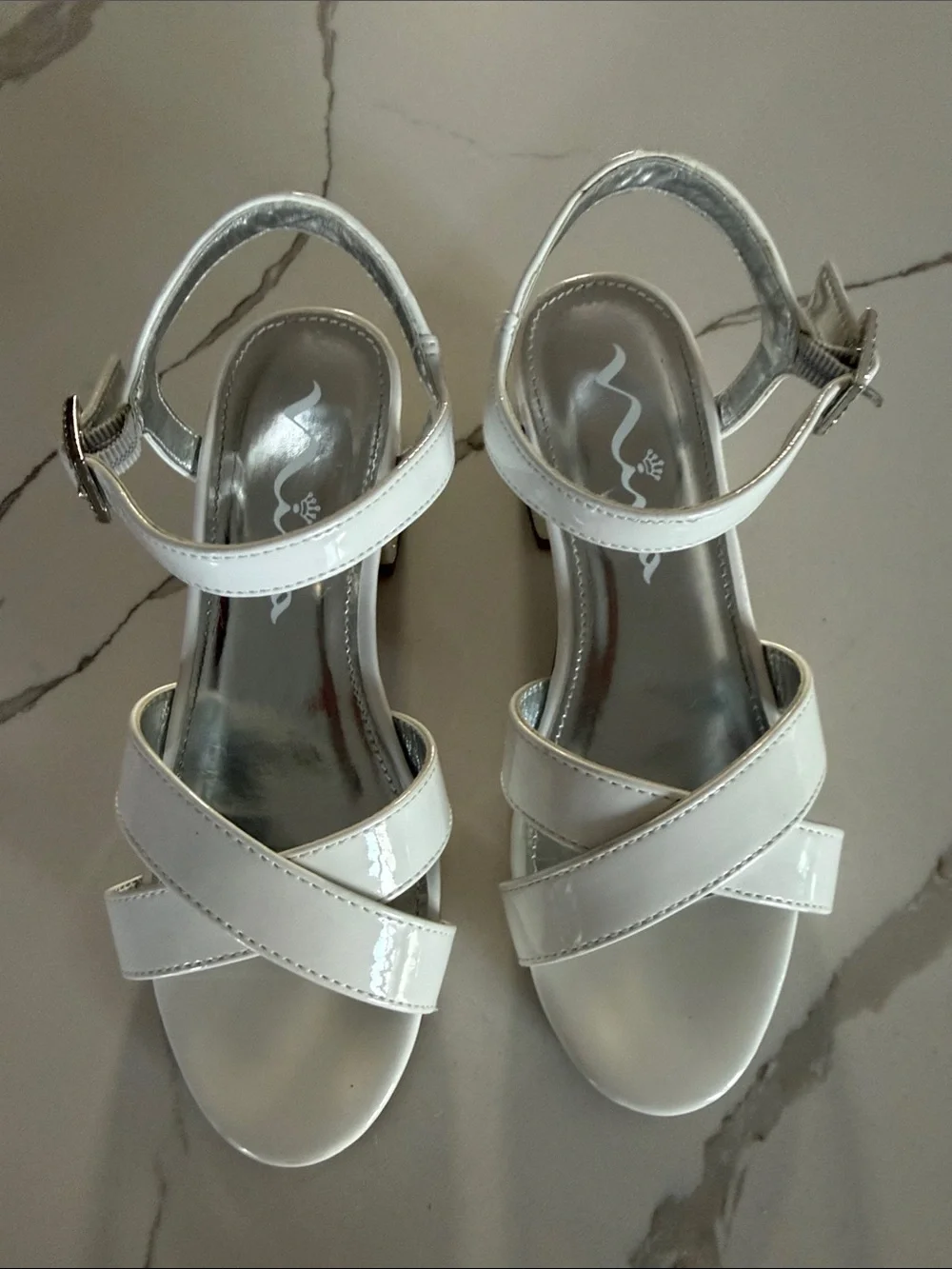 Girls Size 2 Nina White Patent Sandals with Glitter Block Heel